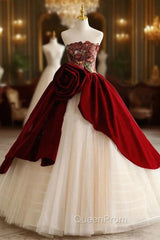 Champagne Tulle Strapless Burgundy Velvet Evening Prom Dresses