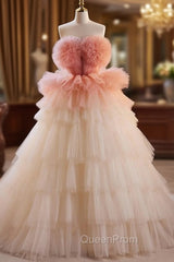 Champagne Tulle Strapless Tiers Evening Prom Dresses