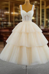 Champagne Tulle Straps Tiers Beading Short Evening Prom Dresses