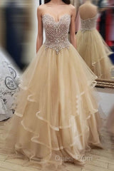 Champagne tulle sweetheart long Evening Prom Dresses, champagne evening Dresses