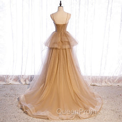 Champagne Tulle Sweetheart Straps Long Ball Gown Evening Prom Dresses, Champagne Party Dresses