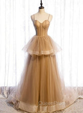Champagne Tulle Sweetheart Straps Long Ball Gown Evening Prom Dresses, Champagne Party Dresses