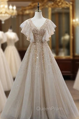 Champagne Tulle V-neck Heavy Beading Evening Prom Dresses