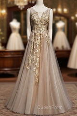Champagne Tulle V-Neckline Long Lace Evening Prom Dresses, A-Line Formal Gown Party Dresses