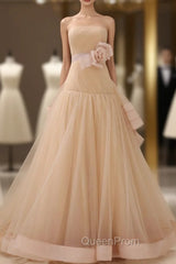 Champagne Tulle With Flower Strapless Backless Wedding Dresses