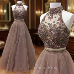 Champagne Two Pieces Beads Long Evening Prom Dresses, Evening Dresses