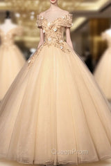 Champagne V-Neck Lace Long Ball Gown, Off the Shoulder Evening Dresses