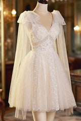 Champagne V-Neck Lace Short Evening Prom Dresses, Lovely A-Line Evening Party Dresses