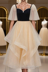 Champagne V Neck Tea Length Evening Prom Dresses, Tea-Length Formal Graduation Dresses