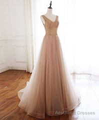 Champagne V Neck Tulle Beads Long Prom Dress Evening Dress