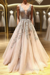 Champagne v neck tulle lace beads long Evening Prom Dresses tulle formal Dresses