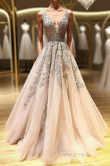 Champagne v neck tulle lace beads long Evening Prom Dresses tulle formal Dresses