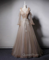 Champagne V Neck Tulle Lace Long Evening Prom Dresses, Champagne Evening Dresses