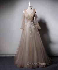 Champagne V Neck Tulle Lace Long Evening Prom Dresses, Champagne Evening Dresses