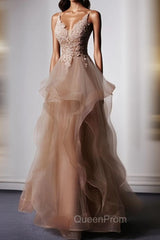 Champagne V Neck Tulle Lace Long Evening Prom Dresses, Champagne Graduation Dresses