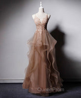 Champagne V Neck Tulle Lace Long Evening Prom Dresses, Champagne Graduation Dresses