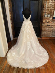 Champagne v neck tulle lace long Evening Prom Dresses, champagne lace evening Dresses