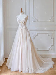 Champagne V Neck Tulle Lace Long Evening Prom Dresses Evening Dresses A Line Sleeveless Formal Dresses