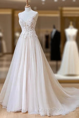 Champagne V Neck Tulle Lace Long Evening Prom Dresses Evening Dresses A Line Sleeveless Formal Dresses