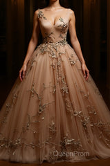 Champagne v neck tulle lace Evening Prom Dresses, champagne tulle evening Dresses
