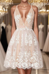 Champagne v neck tulle lace short Evening Prom Dresses champagne tulle bridesmaid Dresses