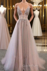 Champagne v neck tulle long Evening Prom Dresses, champagne evening Dresses
