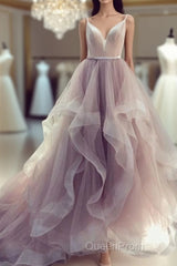 Champagne v neck tulle long Evening Prom Dresses champagne tulle formal Dresses
