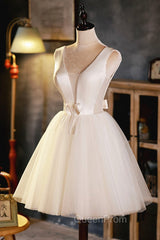 Champagne V-Neck Tulle Short Evening Prom Dresses, Champagne Homecoming Dresses