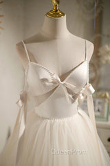 Champagne V-Neck Tulle Short Evening Prom Dresses, Spaghetti Straps Party Dresses with Bow