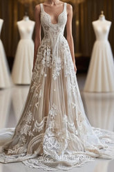 Champagne Vintage A-Line Spaghetti Strap Lace Tulle Long Evening Prom Dresses Wedding Dresses