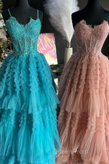 Periwinkle Lace Sweetheart Tiered Long Evening Prom Dresses with Ruffles