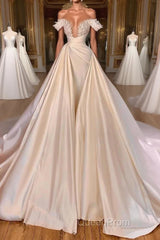 Charming A-Line Off-the-shoulder Cathedral V-Neck Long Wedding Dresses