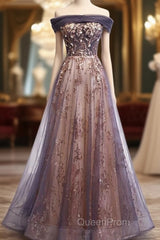 Charming A-Line Tulle Long Off Shoulder Party Dresses, Evening Prom Dresses