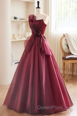 Charming And Elegant Wine Red Sleeveless Off Shoulder Ball Dresses, Wine Red A-Shaped Princess Strapless Butterfly Tie With Backless Strap And Ground Length Evening Prom Dresses
