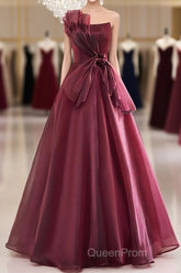 Charming And Elegant Wine Red Sleeveless Off Shoulder Ball Dresses, Wine Red A-Shaped Princess Strapless Butterfly Tie With Backless Strap And Ground Length Evening Prom Dresses
