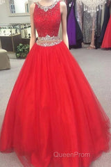 Charming Beaded Red Evening Prom Dresses, Long Evening Prom Dresses, Sexy Red Tulle Evening Dresses