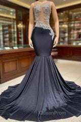 Charming Black Long Mermadi Jewel Satin Tulle Lace Appliques Evening Prom Dresses