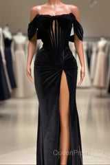 Charming Black Long Mermaid Off the Shoulder Velvet Evening Prom Dresses with Slit