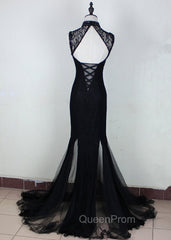 Charming Black Mermaid Backless Long Evening Dresses, High Neckline Evening Prom Dresses