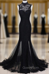 Charming Black Mermaid Backless Long Evening Dresses, High Neckline Evening Prom Dresses