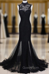 Charming Black Mermaid Backless Long Evening Dresses, High Neckline Evening Prom Dresses