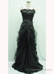 Charming Black Satin and Tulle Straps Beaded Long Party Dress, A-line Black Prom Dress