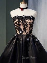 Charming Black Satin with Lace Applique Homecoming Dresses, Knee Length Evening Prom Dresses