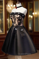 Charming Black Satin with Lace Applique Homecoming Dresses, Knee Length Evening Prom Dresses