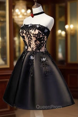Charming Black Satin with Lace Applique Homecoming Dresses, Knee Length Evening Prom Dresses