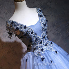 Charming Blue Ball Gown Lace Long Formal Dresses, Blue Tulle Sweet 16 Dresses With Flowers