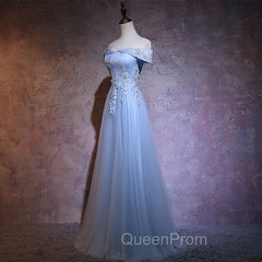 Charming Blue Elegant Tulle Party Dresses with Lace Applique, Long Evening Prom Dresses