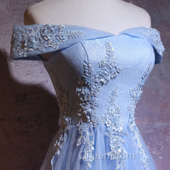 Charming Blue Elegant Tulle Party Dresses with Lace Applique, Long Evening Prom Dresses
