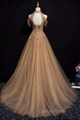 Charming Champagne Tulle Halter Long Party Gown, Evening Prom Dresses