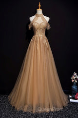 Charming Champagne Tulle Halter Long Party Gown, Evening Prom Dresses